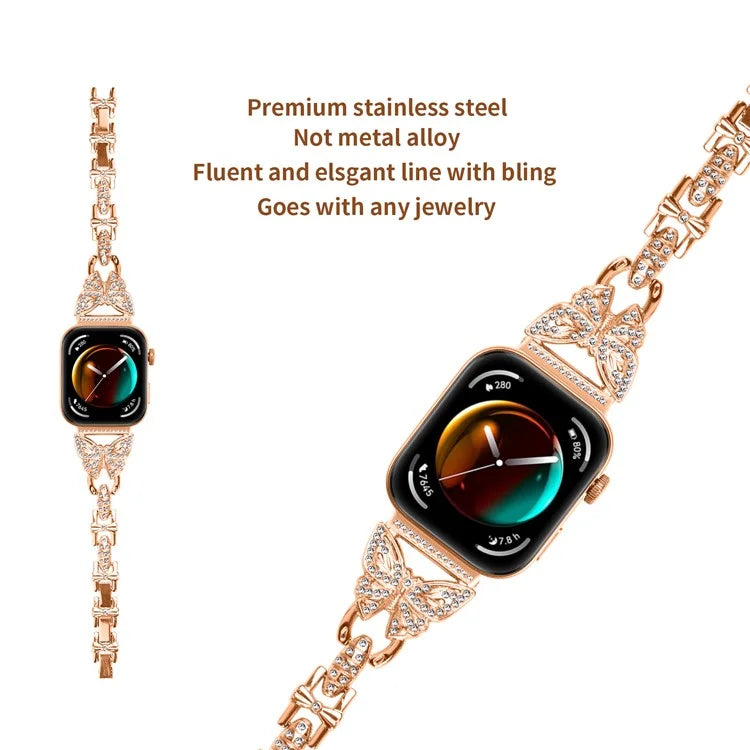 For Huawei Watch Fit 3 Rhinestone Decor Butterfly Design Watch Band Stainless Steel Wrist Strap