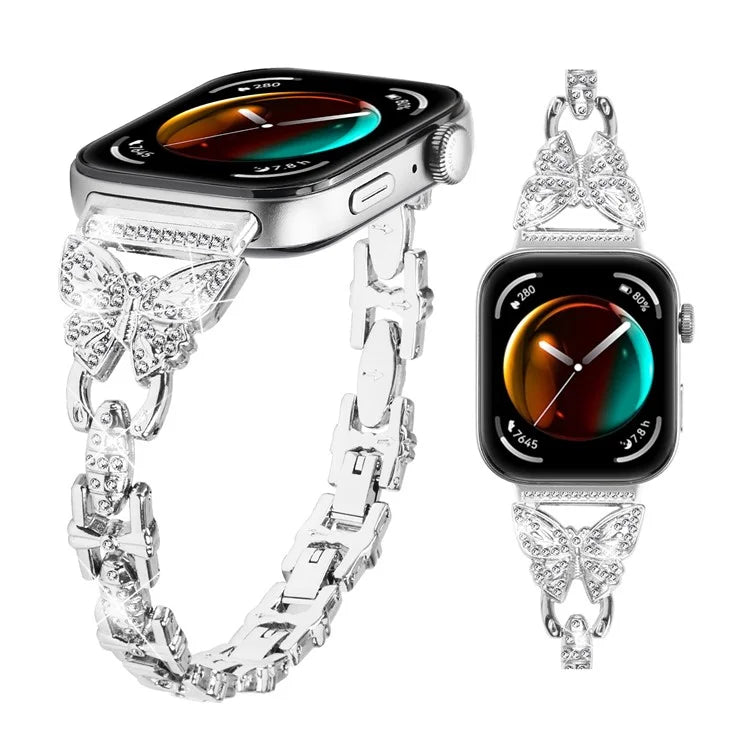 For Huawei Watch Fit 3 Rhinestone Decor Butterfly Design Watch Band Stainless Steel Wrist Strap
