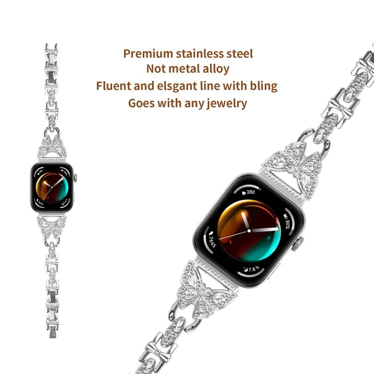 For Huawei Watch Fit 3 Rhinestone Decor Butterfly Design Watch Band Stainless Steel Wrist Strap