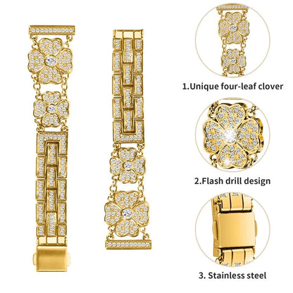 For Samsung Galaxy Watch FE 40mm Jewelry Strap Shiny Four-Leaf Clover Metal Watch Band