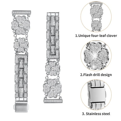 For Samsung Galaxy Watch FE 40mm Jewelry Strap Shiny Four-Leaf Clover Metal Watch Band