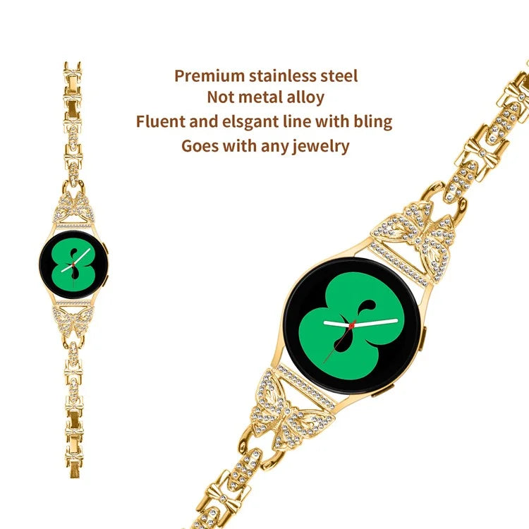 For Samsung Galaxy Watch FE 40mm Butterfly Bling Rhinestone Decor Watch Band Metal Bracelet