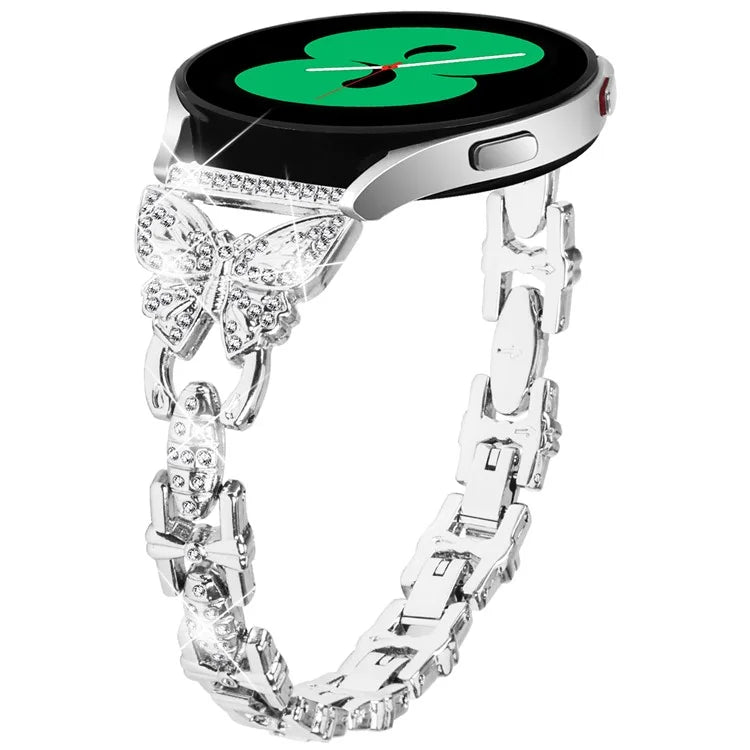 For Samsung Galaxy Watch FE 40mm Butterfly Bling Rhinestone Decor Watch Band Metal Bracelet