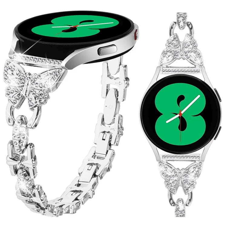 For Samsung Galaxy Watch FE 40mm Butterfly Bling Rhinestone Decor Watch Band Metal Bracelet