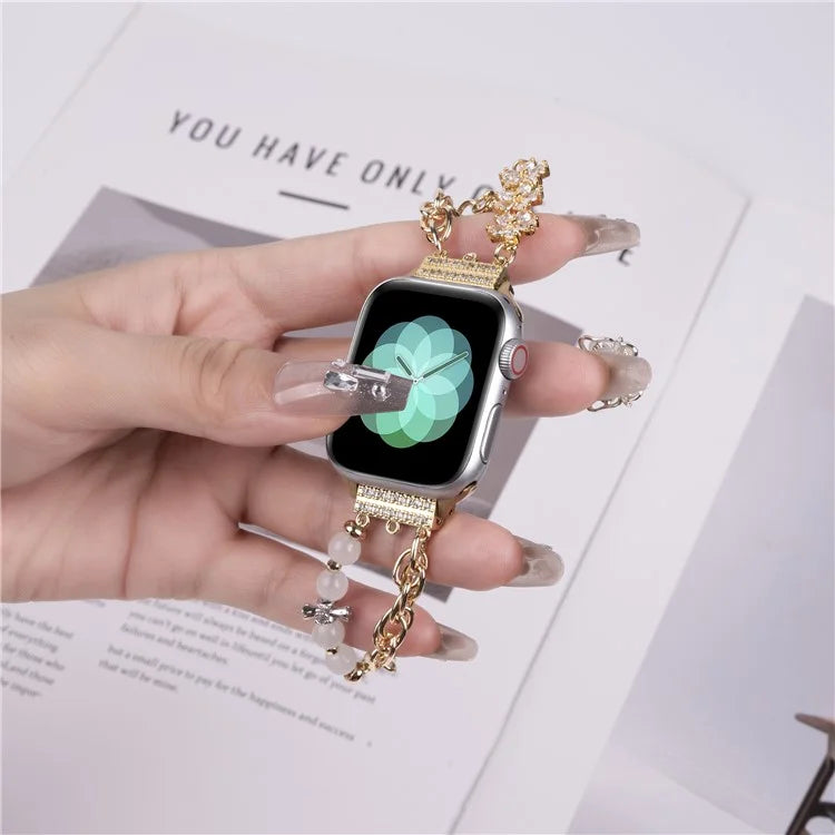 For Apple Watch Series 10 42mm / 9 8 7 41mm / SE (2023) SE (2022) SE 6 5 4 40mm / 3 2 1 38mm Pearl Flower Stainless Steel Bracelet Watch Strap