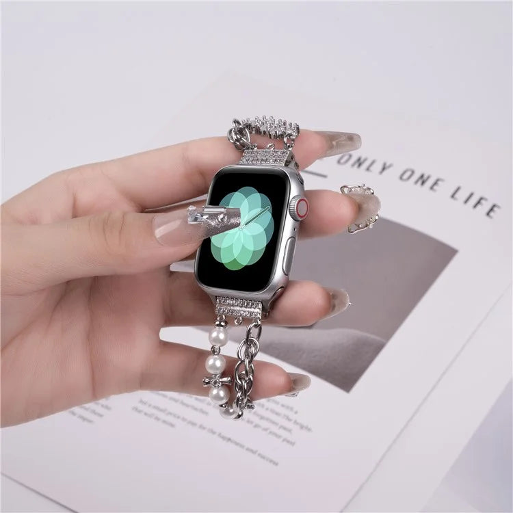 For Apple Watch Series 10 42mm / 9 8 7 41mm / SE (2023) SE (2022) SE 6 5 4 40mm / 3 2 1 38mm Pearl Flower Stainless Steel Bracelet Watch Strap
