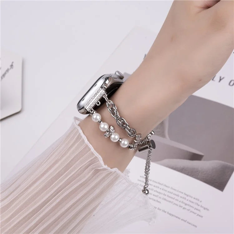 For Apple Watch Series 10 42mm / 9 8 7 41mm / SE (2023) SE (2022) SE 6 5 4 40mm / 3 2 1 38mm Pearl Flower Stainless Steel Bracelet Watch Strap