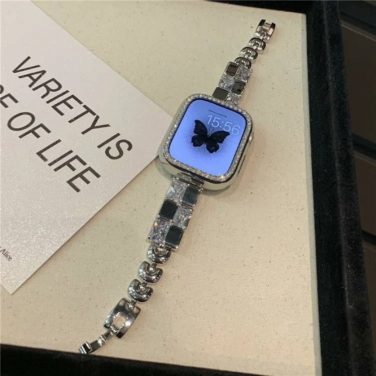 For Apple Watch Series 10 42mm / 9 8 7 41mm / SE (2023) SE (2022) SE 6 5 4 40mm / 3 2 1 38mm Ice Cube Zircon Decor Strap Copper Watch Band