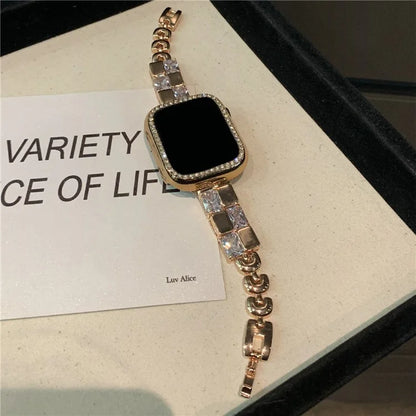 For Apple Watch Series 10 42mm / 9 8 7 41mm / SE (2023) SE (2022) SE 6 5 4 40mm / 3 2 1 38mm Ice Cube Zircon Decor Strap Copper Watch Band