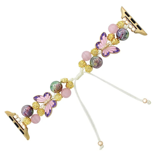 For Apple Watch Series 10 42mm / 9 8 7 41mm / SE (2023) SE (2022) SE 6 5 4 40mm / 3 2 1 38mm Butterfly Beads Watch Strap Drawstring Wrist Band