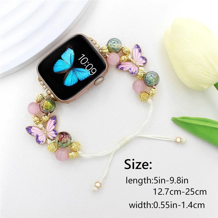 For Apple Watch Series 10 42mm / 9 8 7 41mm / SE (2023) SE (2022) SE 6 5 4 40mm / 3 2 1 38mm Butterfly Beads Watch Strap Drawstring Wrist Band