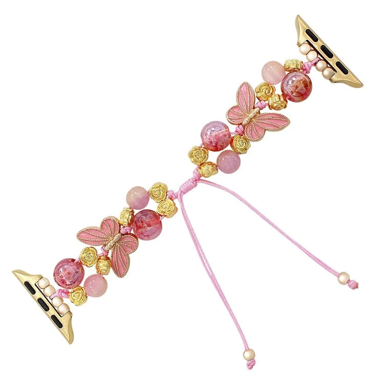 For Apple Watch Series 10 42mm / 9 8 7 41mm / SE (2023) SE (2022) SE 6 5 4 40mm / 3 2 1 38mm Butterfly Beads Watch Strap Drawstring Wrist Band