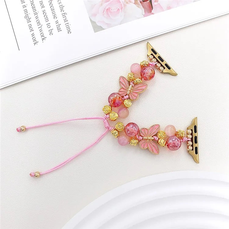 For Apple Watch Series 10 42mm / 9 8 7 41mm / SE (2023) SE (2022) SE 6 5 4 40mm / 3 2 1 38mm Butterfly Beads Watch Strap Drawstring Wrist Band