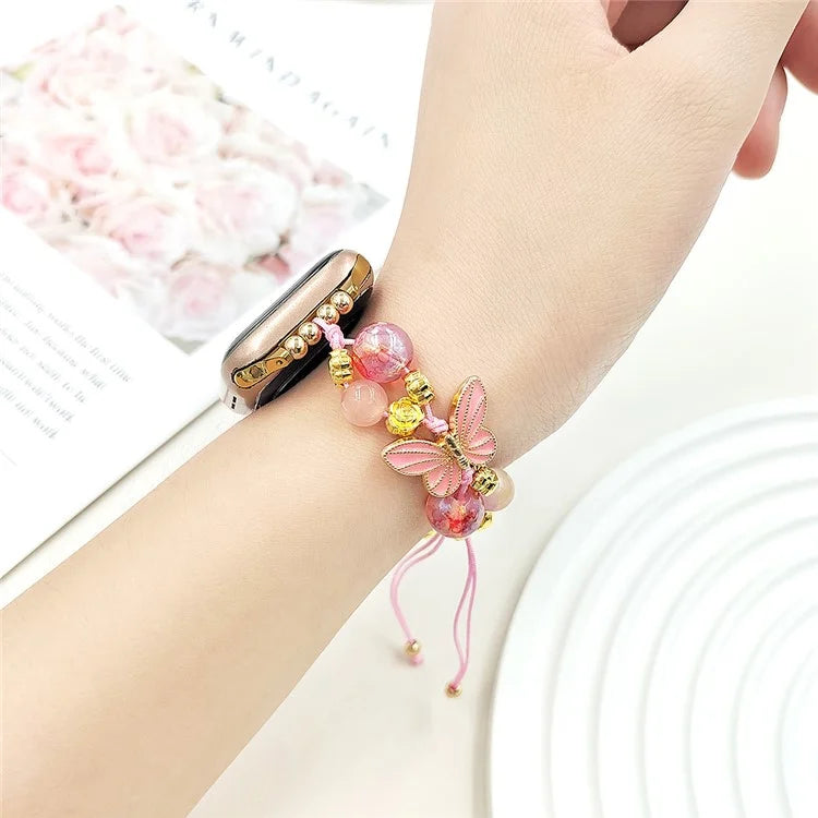 For Apple Watch Series 10 42mm / 9 8 7 41mm / SE (2023) SE (2022) SE 6 5 4 40mm / 3 2 1 38mm Butterfly Beads Watch Strap Drawstring Wrist Band