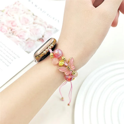 For Apple Watch Series 10 42mm / 9 8 7 41mm / SE (2023) SE (2022) SE 6 5 4 40mm / 3 2 1 38mm Butterfly Beads Watch Strap Drawstring Wrist Band