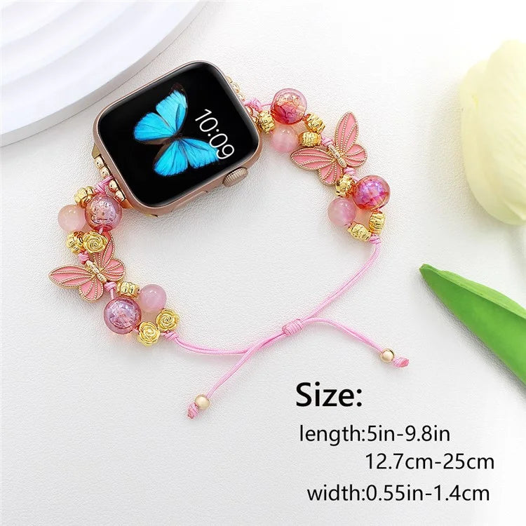 For Apple Watch Series 10 42mm / 9 8 7 41mm / SE (2023) SE (2022) SE 6 5 4 40mm / 3 2 1 38mm Butterfly Beads Watch Strap Drawstring Wrist Band