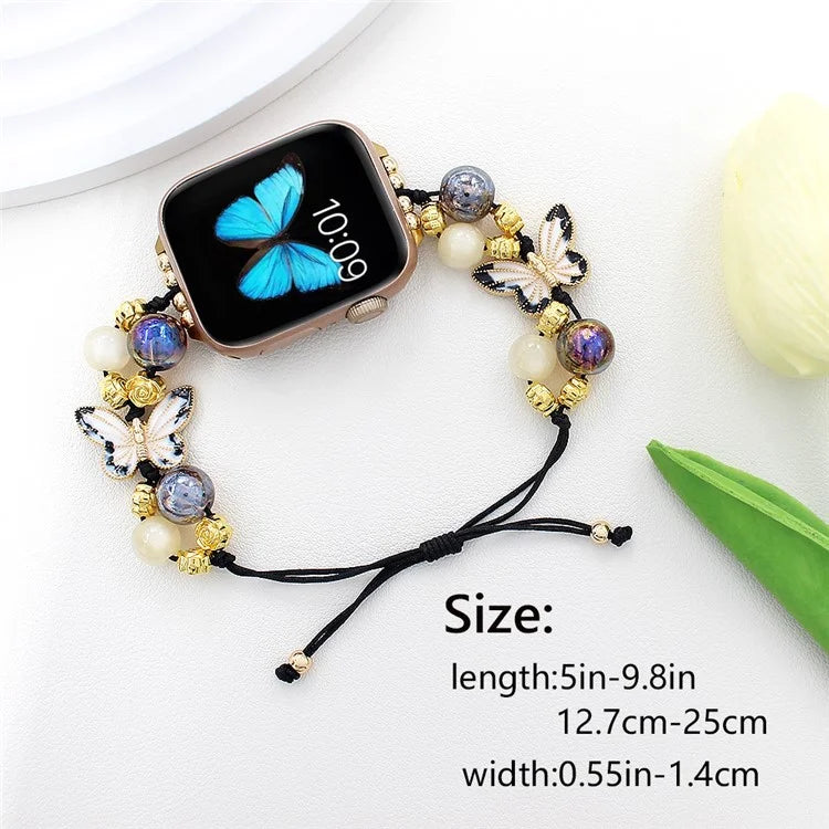 For Apple Watch Series 10 42mm / 9 8 7 41mm / SE (2023) SE (2022) SE 6 5 4 40mm / 3 2 1 38mm Butterfly Beads Watch Strap Drawstring Wrist Band