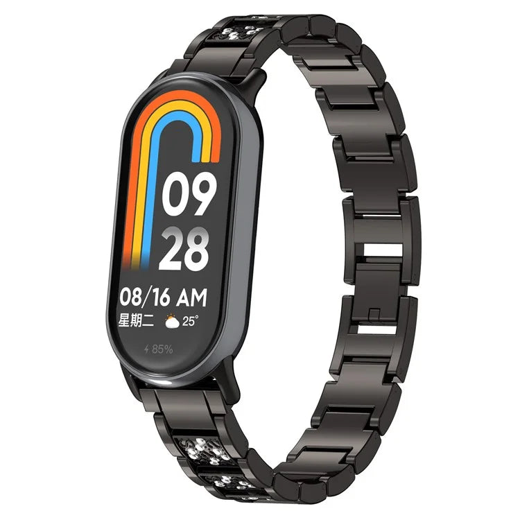 For Xiaomi Mi Band 9 / 9 NFC / Smart Band 8 / 8 NFC Watch Strap Rhinestone Decor 3-Bead Stainless Steel Band