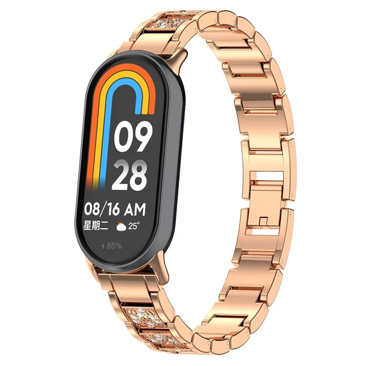 For Xiaomi Mi Band 9 / 9 NFC / Smart Band 8 / 8 NFC Watch Strap Rhinestone Decor 3-Bead Stainless Steel Band