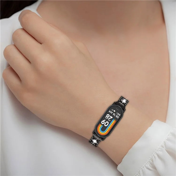 For Xiaomi Mi Band 9 / 9 NFC / Smart Band 8 / 8 NFC Watch Strap Rhinestone Decor 3-Bead Stainless Steel Band