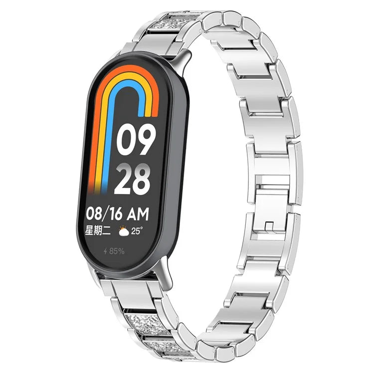 For Xiaomi Mi Band 9 / 9 NFC / Smart Band 8 / 8 NFC Watch Strap Rhinestone Decor 3-Bead Stainless Steel Band