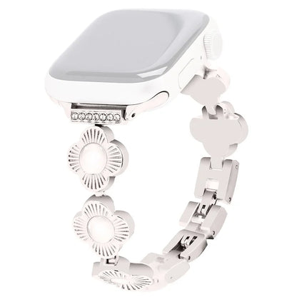 For Apple Watch 10 46mm / Ultra 2 / Ultra 49mm / 9 8 7 45mm / SE (2023) SE (2022) SE 6 5 4 44mm / 3 2 1 42mm Flower Design Metal Watch Strap