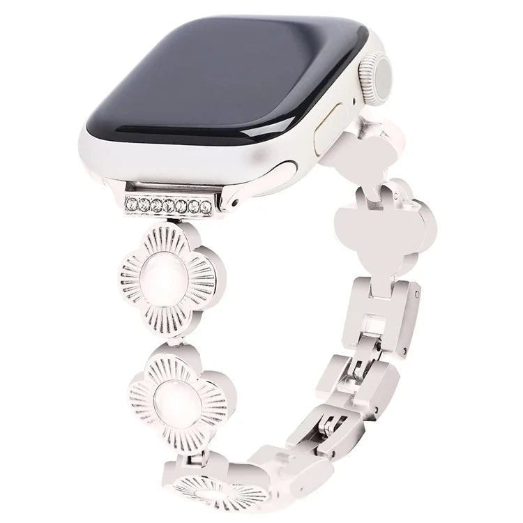 For Apple Watch 10 46mm / Ultra 2 / Ultra 49mm / 9 8 7 45mm / SE (2023) SE (2022) SE 6 5 4 44mm / 3 2 1 42mm Flower Design Metal Watch Strap