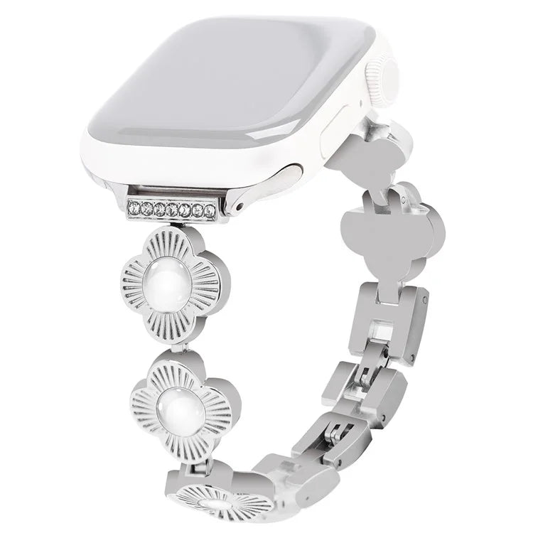 For Apple Watch 10 46mm / Ultra 2 / Ultra 49mm / 9 8 7 45mm / SE (2023) SE (2022) SE 6 5 4 44mm / 3 2 1 42mm Flower Design Metal Watch Strap