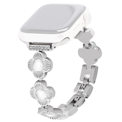 For Apple Watch 10 46mm / Ultra 2 / Ultra 49mm / 9 8 7 45mm / SE (2023) SE (2022) SE 6 5 4 44mm / 3 2 1 42mm Flower Design Metal Watch Strap