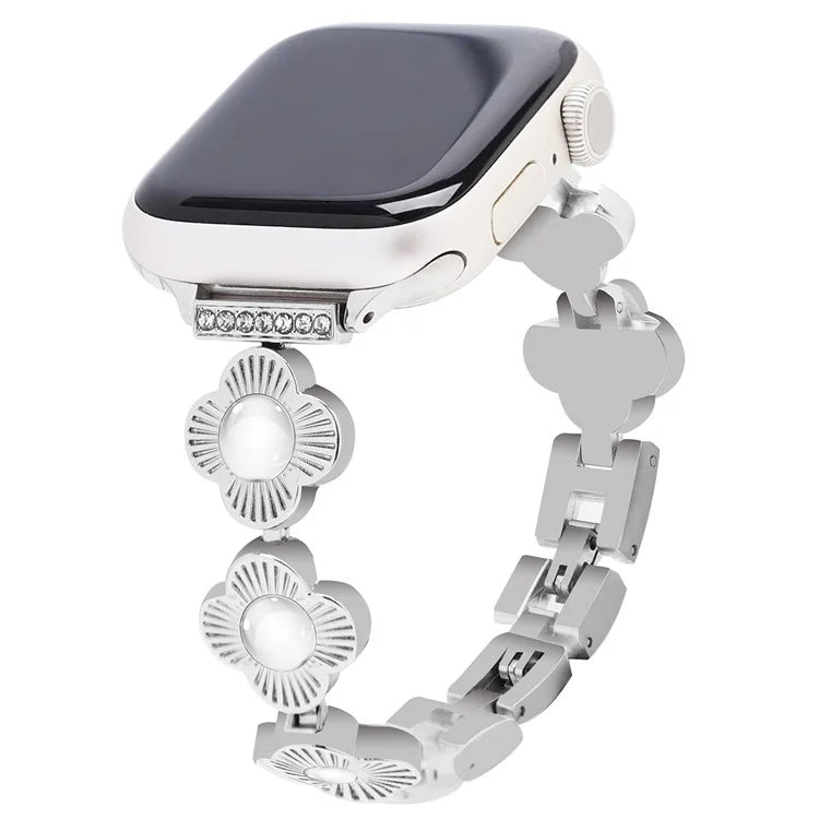 For Apple Watch 10 46mm / Ultra 2 / Ultra 49mm / 9 8 7 45mm / SE (2023) SE (2022) SE 6 5 4 44mm / 3 2 1 42mm Flower Design Metal Watch Strap