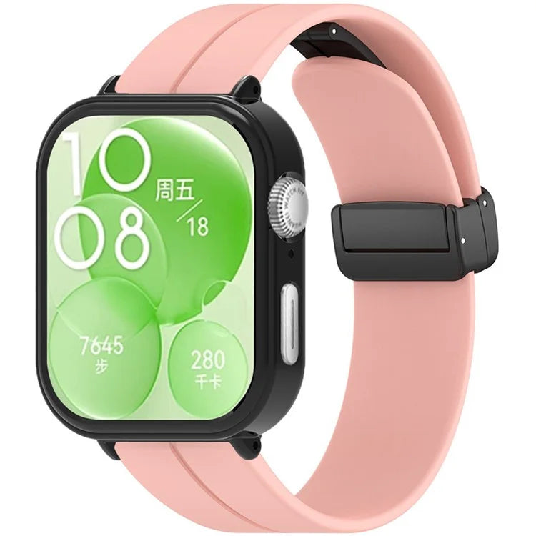 For Huawei Watch Fit 3 Magnetic Buckle Watchband Soft Silicone Watch Strap with Blackpc Watch Case