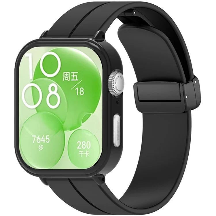 For Huawei Watch Fit 3 Magnetic Buckle Watchband Soft Silicone Watch Strap with Blackpc Watch Case