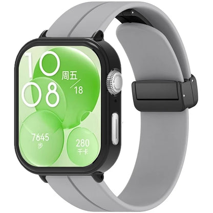 For Huawei Watch Fit 3 Magnetic Buckle Watchband Soft Silicone Watch Strap with Blackpc Watch Case