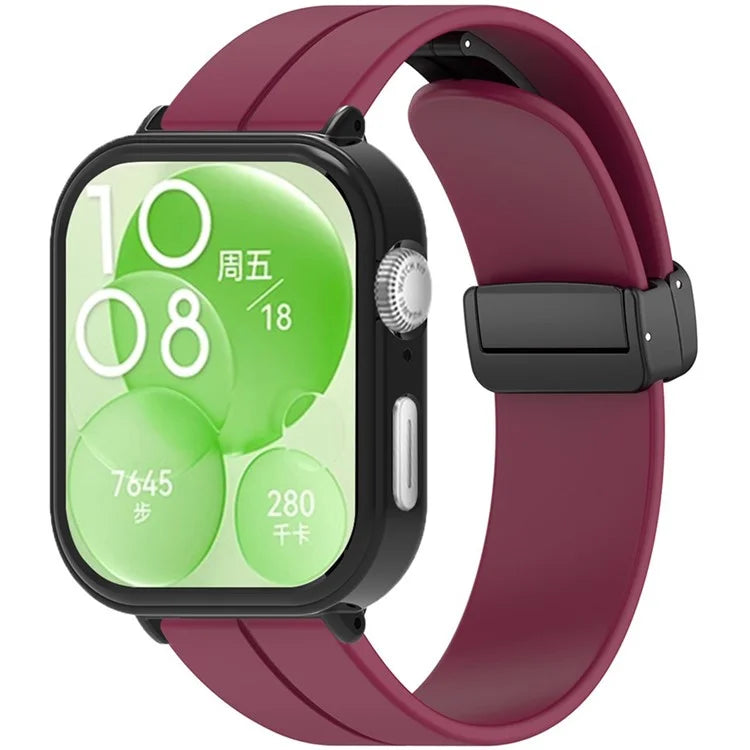 For Huawei Watch Fit 3 Magnetic Buckle Watchband Soft Silicone Watch Strap with Blackpc Watch Case