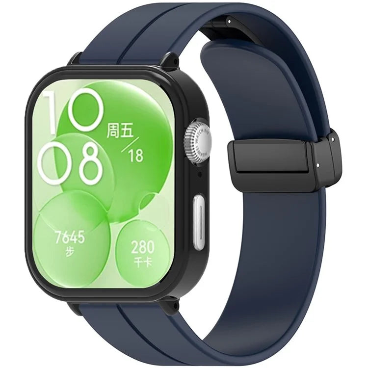 For Huawei Watch Fit 3 Magnetic Buckle Watchband Soft Silicone Watch Strap with Blackpc Watch Case