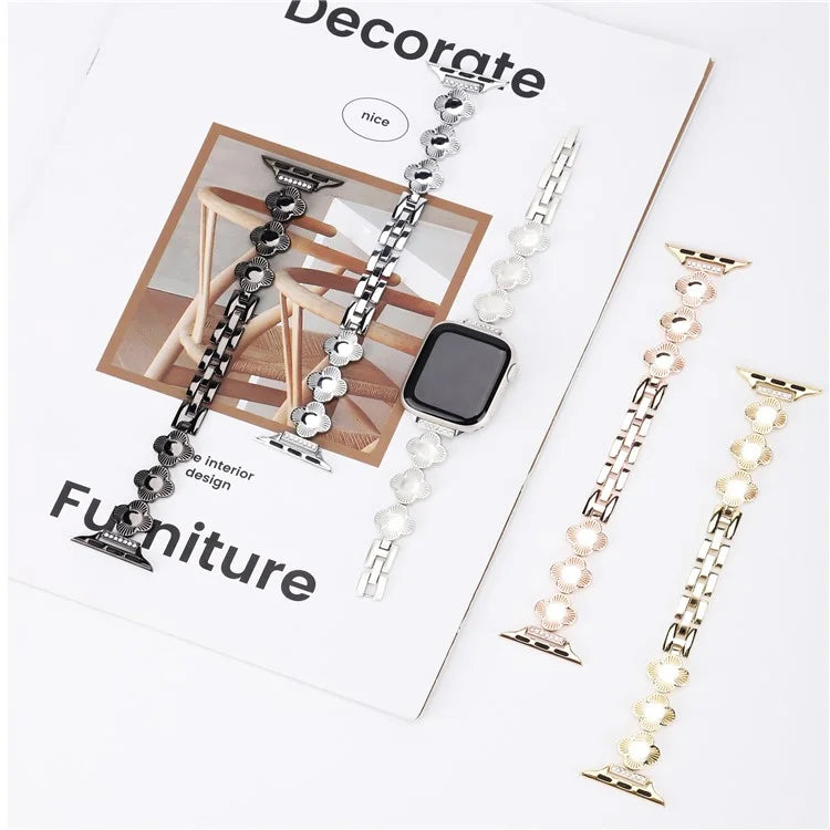 For Apple Watch Series 10 42mm / 9 8 7 41mm / SE (2023) SE (2022) SE 6 5 4 40mm / 3 2 1 38mm Plum Blossom Quick Release Metal Bracelet Watch Strap