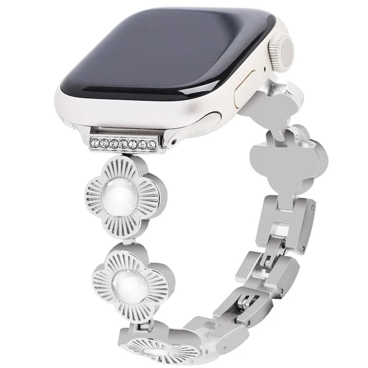 For Apple Watch Series 10 42mm / 9 8 7 41mm / SE (2023) SE (2022) SE 6 5 4 40mm / 3 2 1 38mm Plum Blossom Quick Release Metal Bracelet Watch Strap