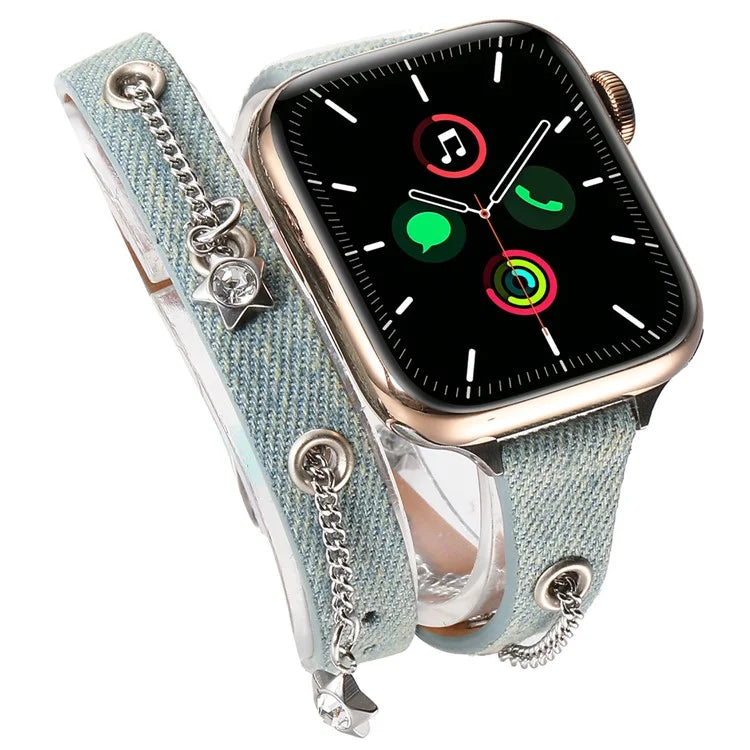 For Apple Watch Series 10 42mm / 9 8 7 41mm / SE (2023) SE (2022) SE 6 5 4 40mm / 3 2 1 38mm Star Chain Canvas Leather Watch Band