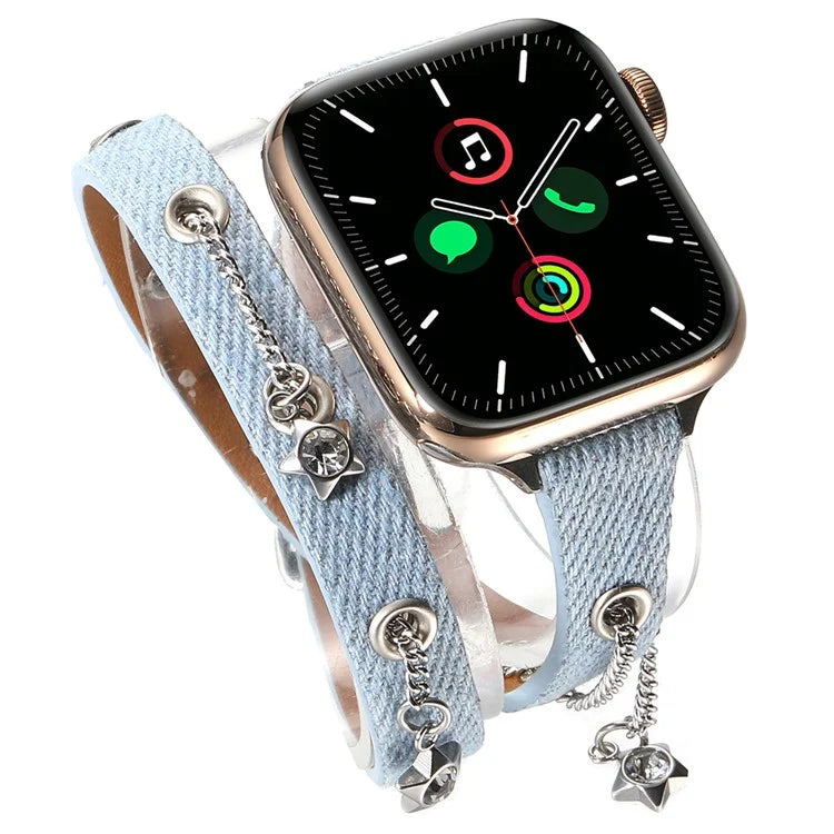 For Apple Watch Series 10 42mm / 9 8 7 41mm / SE (2023) SE (2022) SE 6 5 4 40mm / 3 2 1 38mm Star Chain Canvas Leather Watch Band