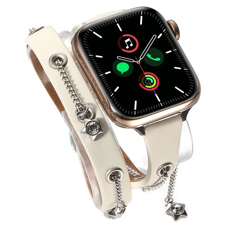 For Apple Watch Series 10 42mm / 9 8 7 41mm / SE (2023) SE (2022) SE 6 5 4 40mm / 3 2 1 38mm Star Chain Canvas Leather Watch Band