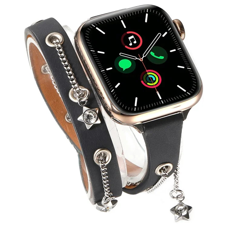 For Apple Watch Series 10 42mm / 9 8 7 41mm / SE (2023) SE (2022) SE 6 5 4 40mm / 3 2 1 38mm Star Chain Canvas Leather Watch Band