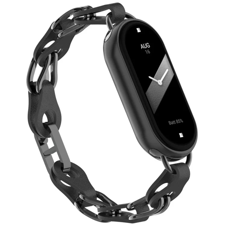 For Xiaomi Mi Band 9  /  Smart Band 8 Watch Band Fashion Hollow Out Zinc Alloy + Leather Chain Strap