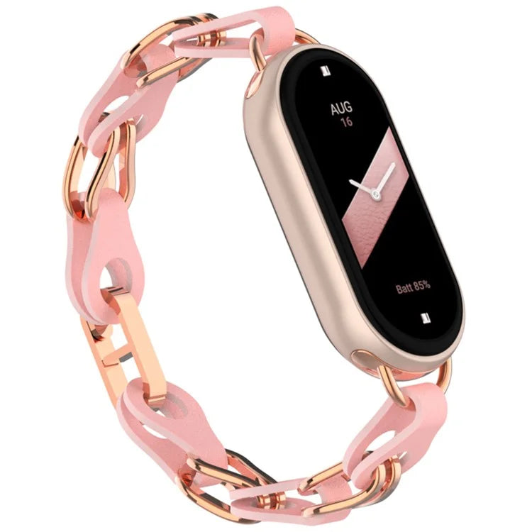 For Xiaomi Mi Band 9  /  Smart Band 8 Watch Band Fashion Hollow Out Zinc Alloy + Leather Chain Strap