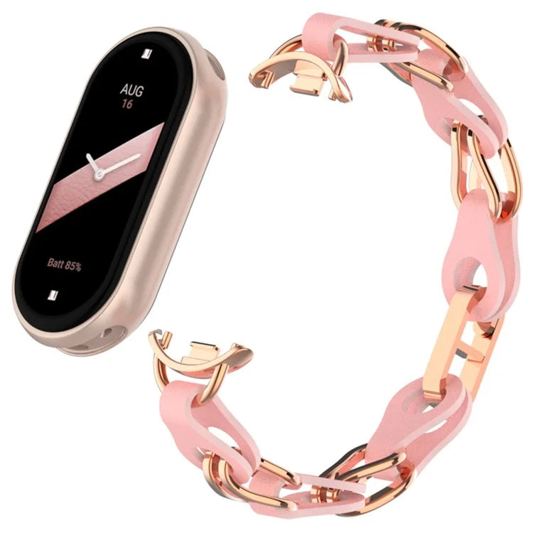 For Xiaomi Mi Band 9  /  Smart Band 8 Watch Band Fashion Hollow Out Zinc Alloy + Leather Chain Strap