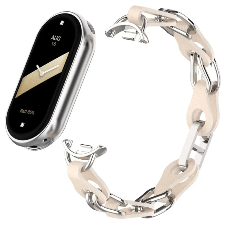 For Xiaomi Mi Band 9  /  Smart Band 8 Watch Band Fashion Hollow Out Zinc Alloy + Leather Chain Strap