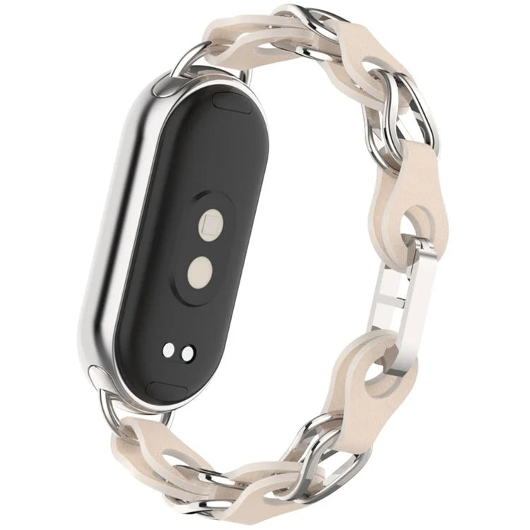 For Xiaomi Mi Band 9  /  Smart Band 8 Watch Band Fashion Hollow Out Zinc Alloy + Leather Chain Strap