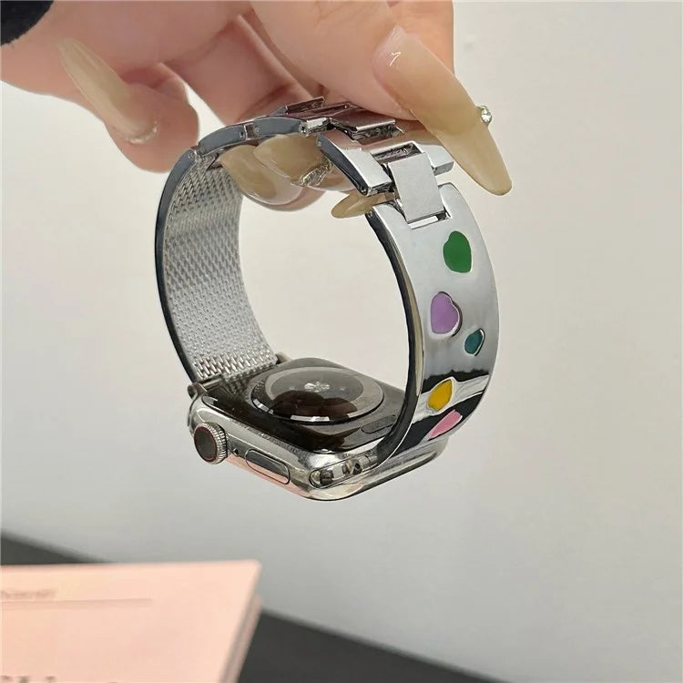 For Apple Watch Series 10 42mm / 9 8 7 41mm / SE (2023) SE (2022) SE 6 5 4 40mm / 3 2 1 38mm Epoxy Heart Pattern Metal Strap