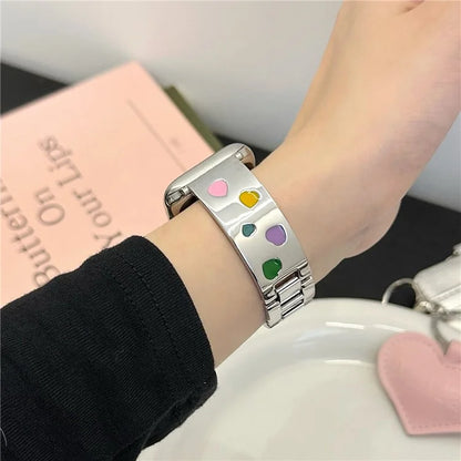 For Apple Watch Series 10 42mm / 9 8 7 41mm / SE (2023) SE (2022) SE 6 5 4 40mm / 3 2 1 38mm Epoxy Heart Pattern Metal Strap