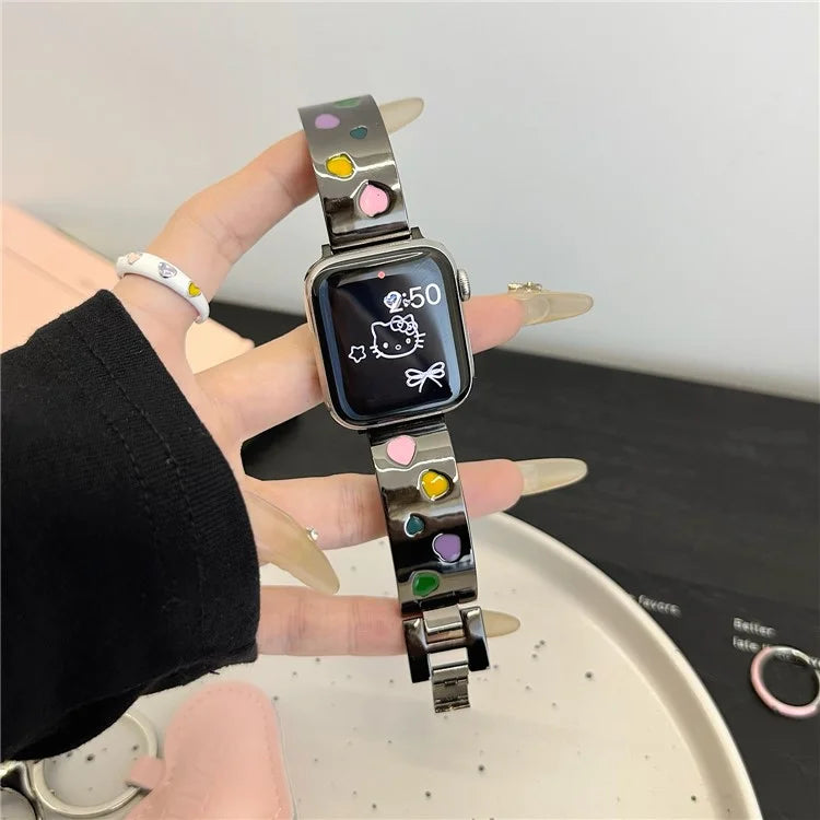 For Apple Watch Series 10 42mm / 9 8 7 41mm / SE (2023) SE (2022) SE 6 5 4 40mm / 3 2 1 38mm Epoxy Heart Pattern Metal Strap