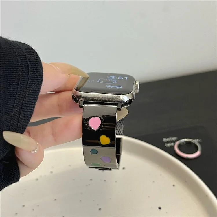 For Apple Watch Series 10 42mm / 9 8 7 41mm / SE (2023) SE (2022) SE 6 5 4 40mm / 3 2 1 38mm Epoxy Heart Pattern Metal Strap